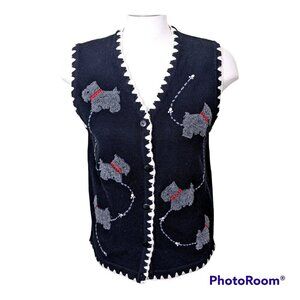 Vintage Sweater Vest Womens M Scottie Dog Novelty Embroidered Fun Button Black